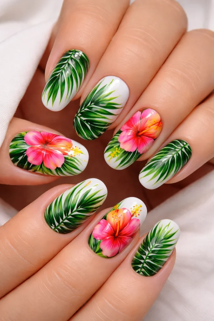  Hibiscus and palm leaf nails tropical beach floral nail art