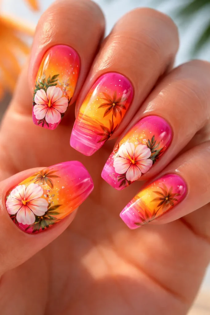 Hibiscus nails with sunset orange pink ombre gradient design