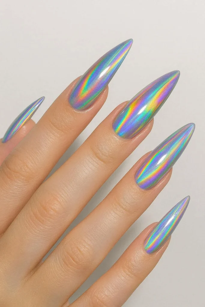 holographic shine nails with multi-color rainbow shift effect 