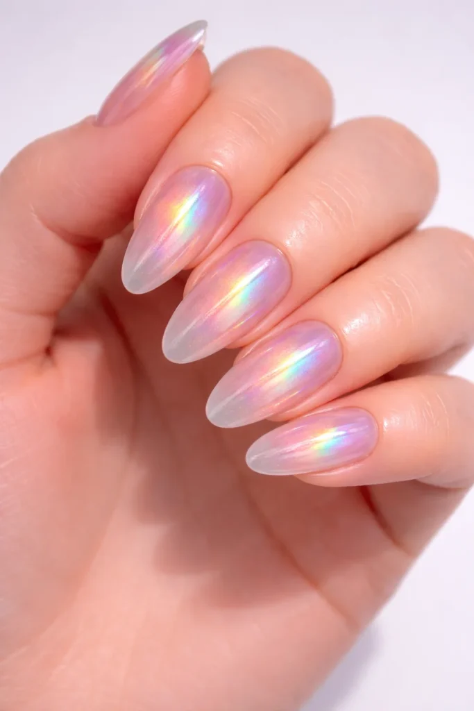 Holographic shine prom nails with iridescent prismatic finish 