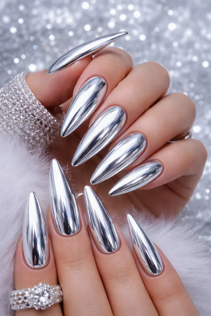  Ice queen silver chrome mirror nails bold winter statement manicure 