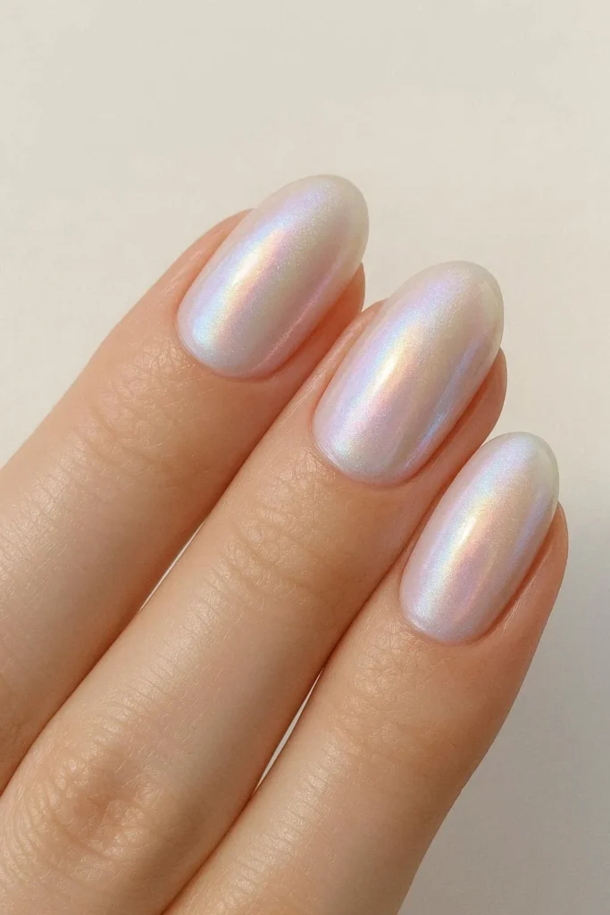 iridescent pearl nails with soft multi-tonal shimmer shifting between pink and gold