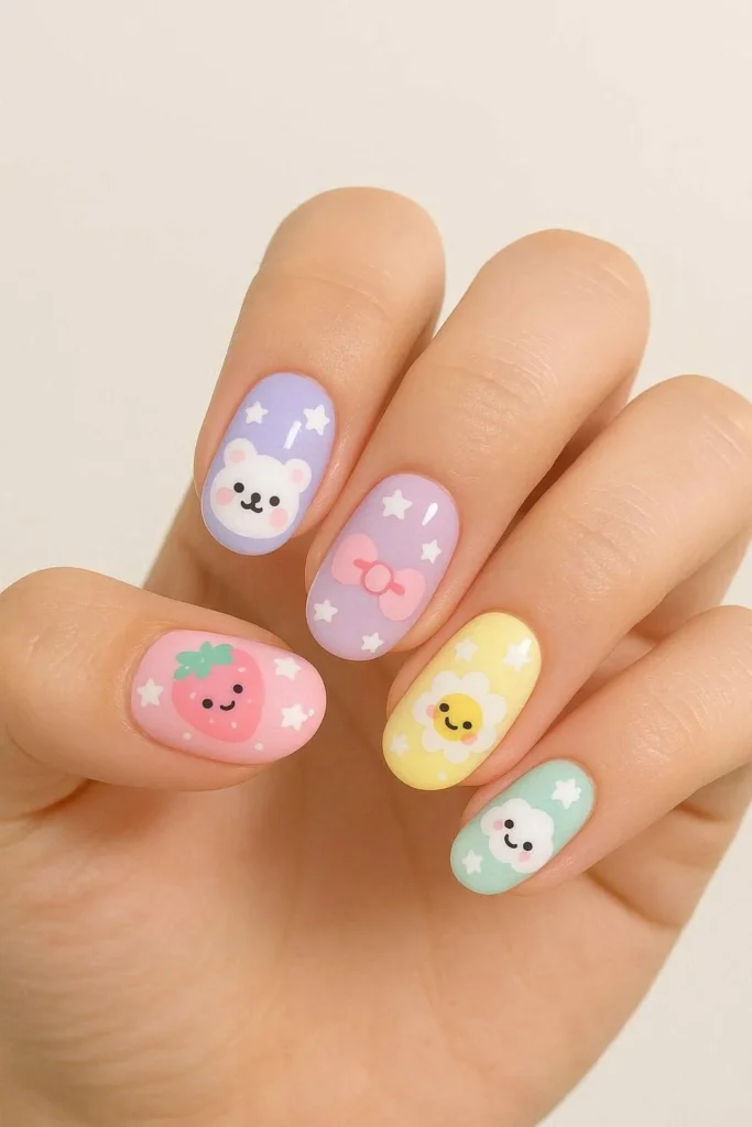 Cute kawaii nail designs with pastel base and playful Japanese inspired details 