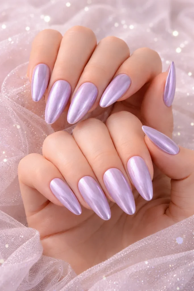 Lavender chrome prom nails with soft purple reflective finish 
