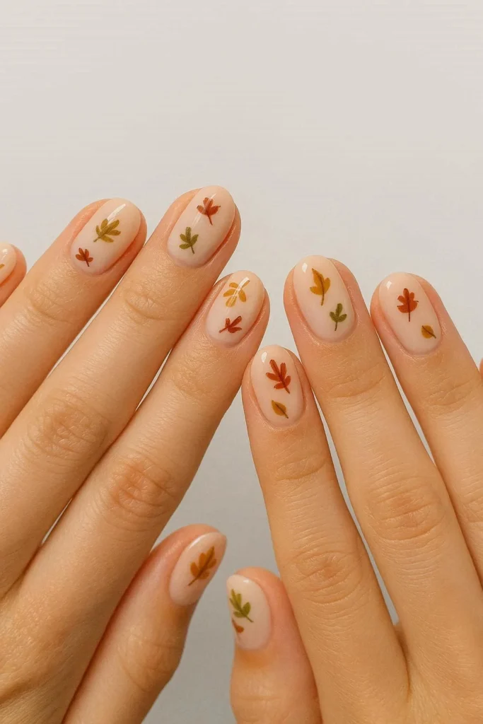 Tiny painted leaf accent nails on a soft nude base
