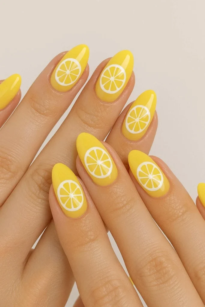 Bright yellow lemon slice nail art with citrus segment details