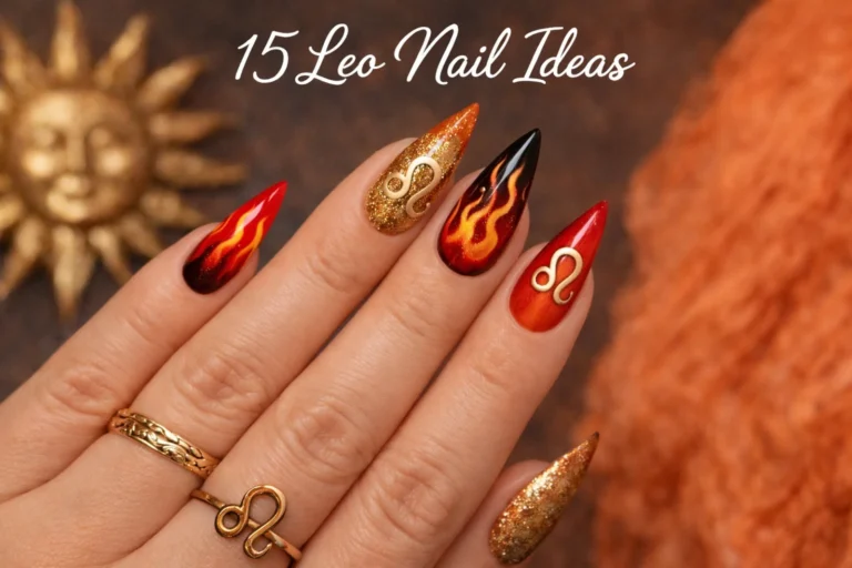 Fiery Leo nail art with gold accents