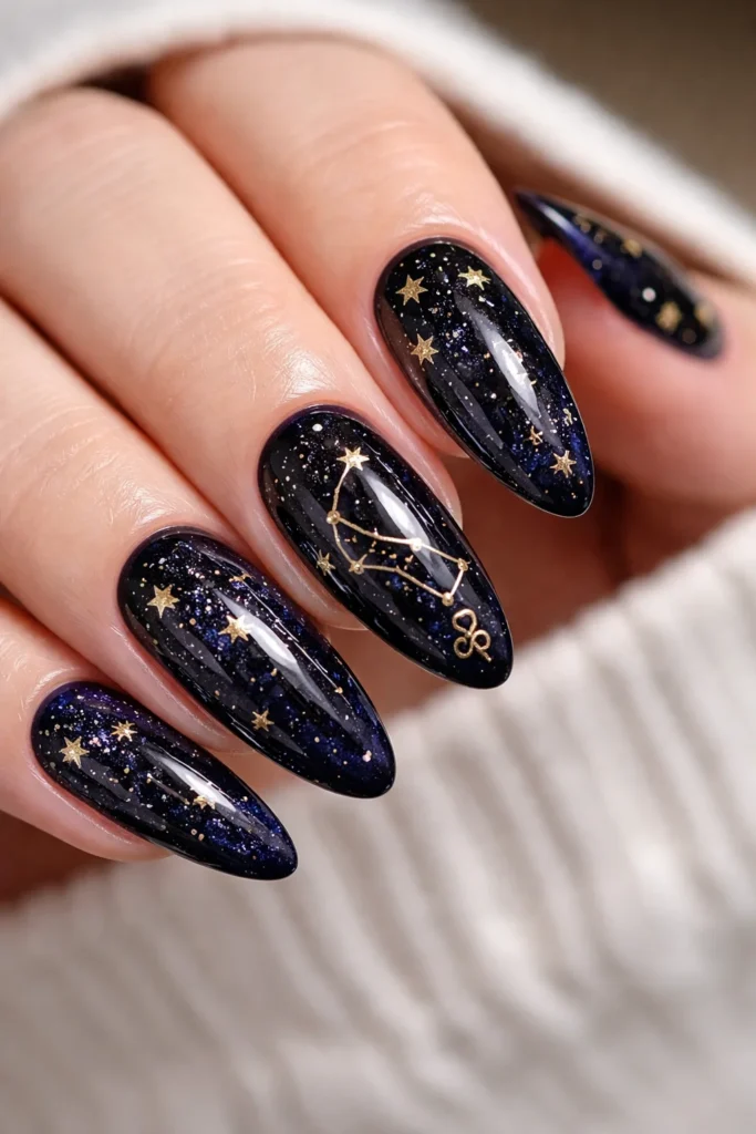 Leo star sign nails with gold constellation detail on dark base