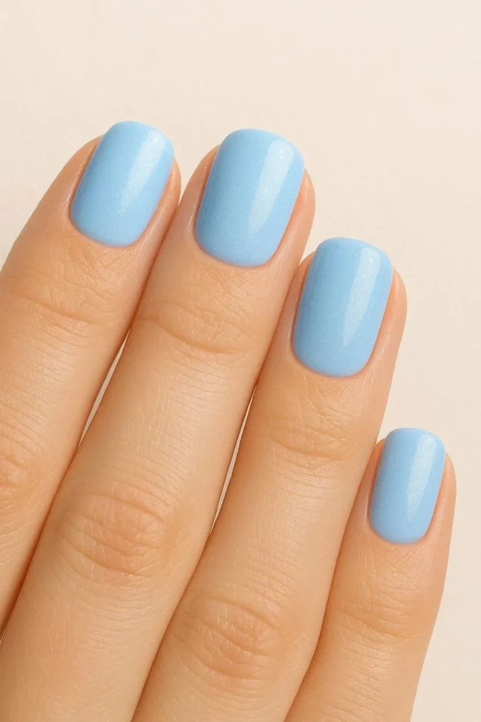 Light blue school nails in soft powder blue polish