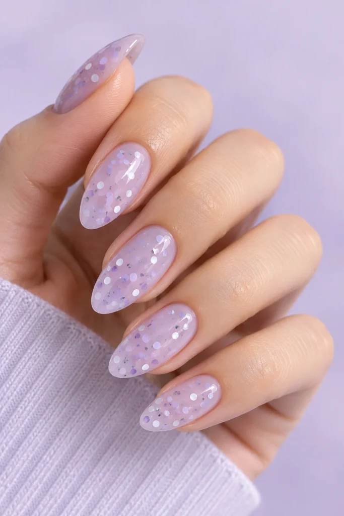 Pastel lilac almond nails with white lavender and silver confetti dots