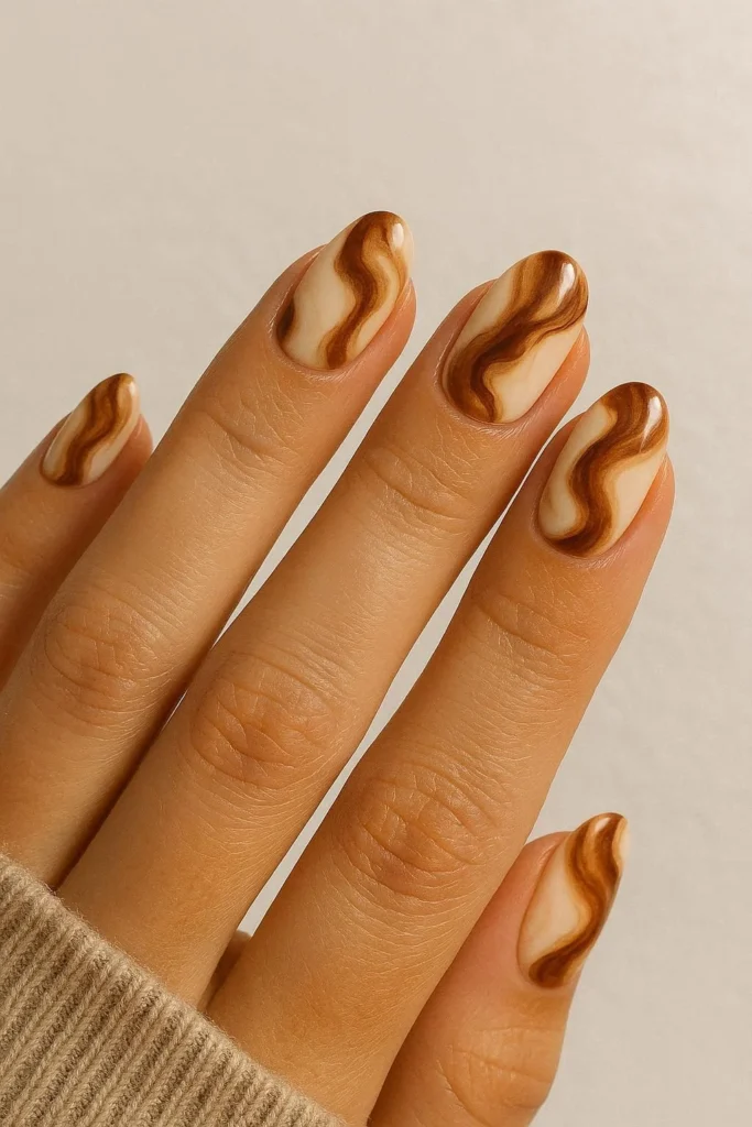 Marble brown nail designs for elegant fall season