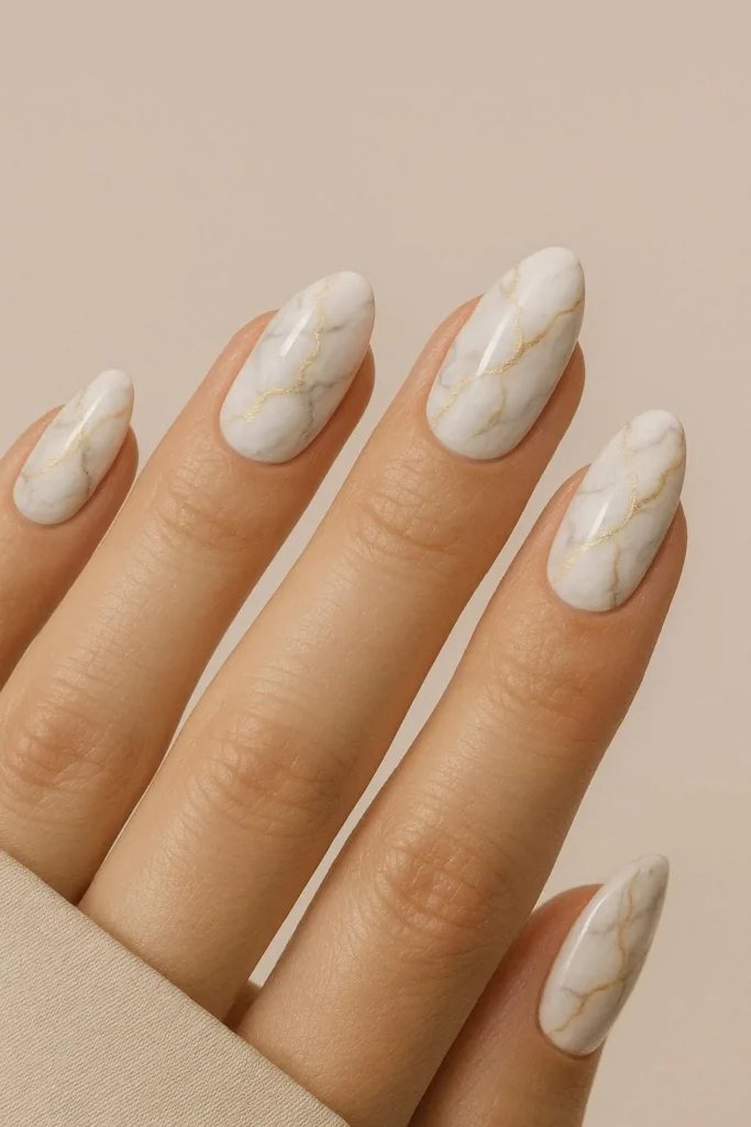  marble luxe nails with elegant grey and gold veining on white base