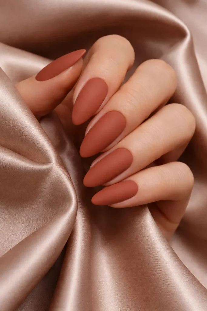 Matte almond shaped nails in muted fall autumn colors