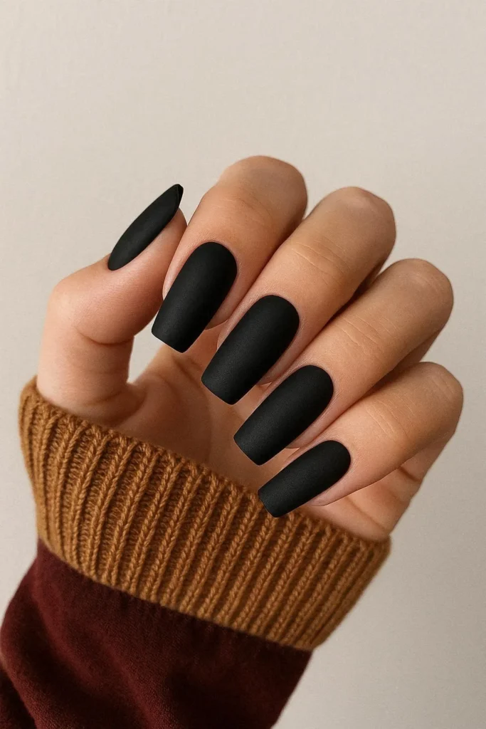Bold matte black nails with a soft velvety fall finish