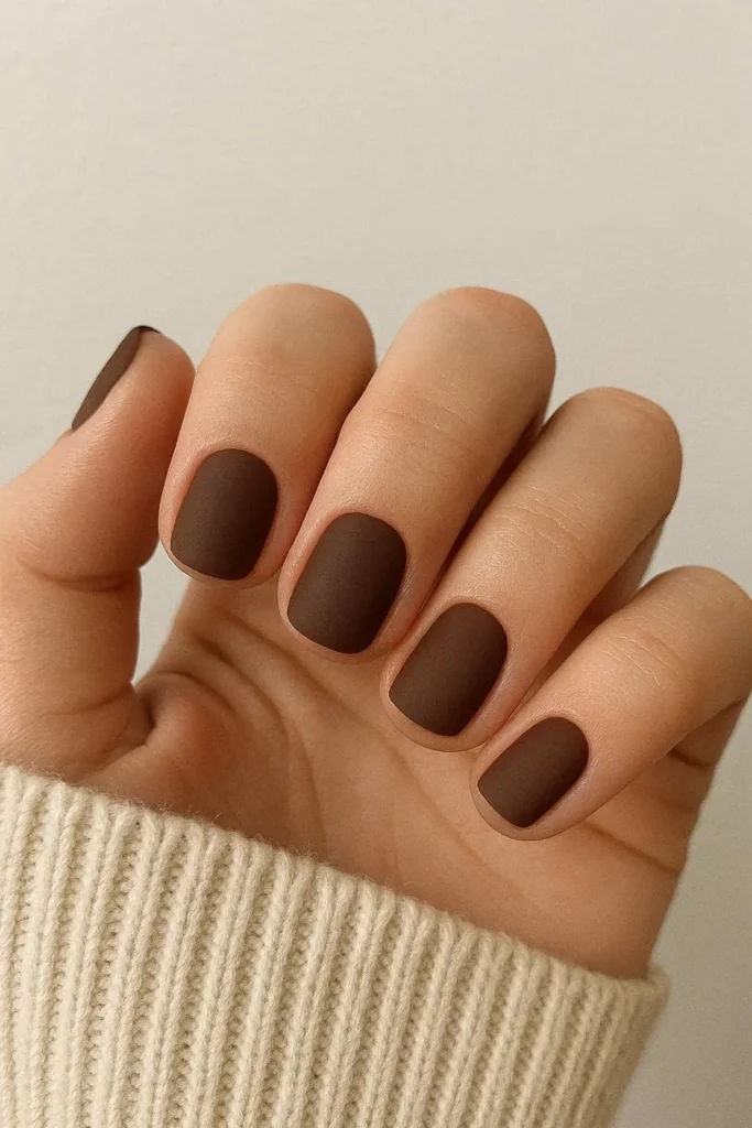 Matte brown short nails in a simple cozy earthy shade
