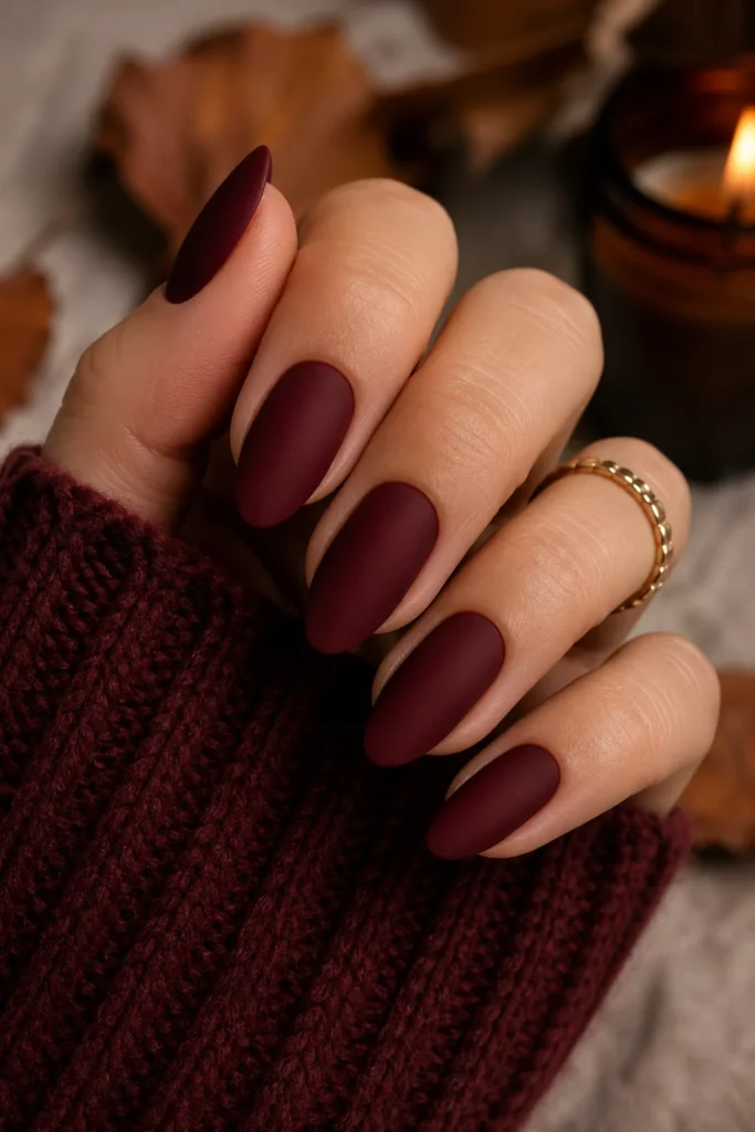 Matte burgundy nail ideas for cozy fall season