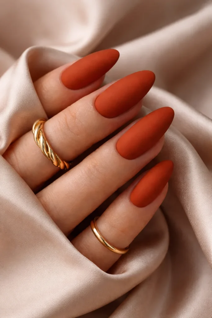 Matte burnt orange Leo nails with velvety smooth warm finish