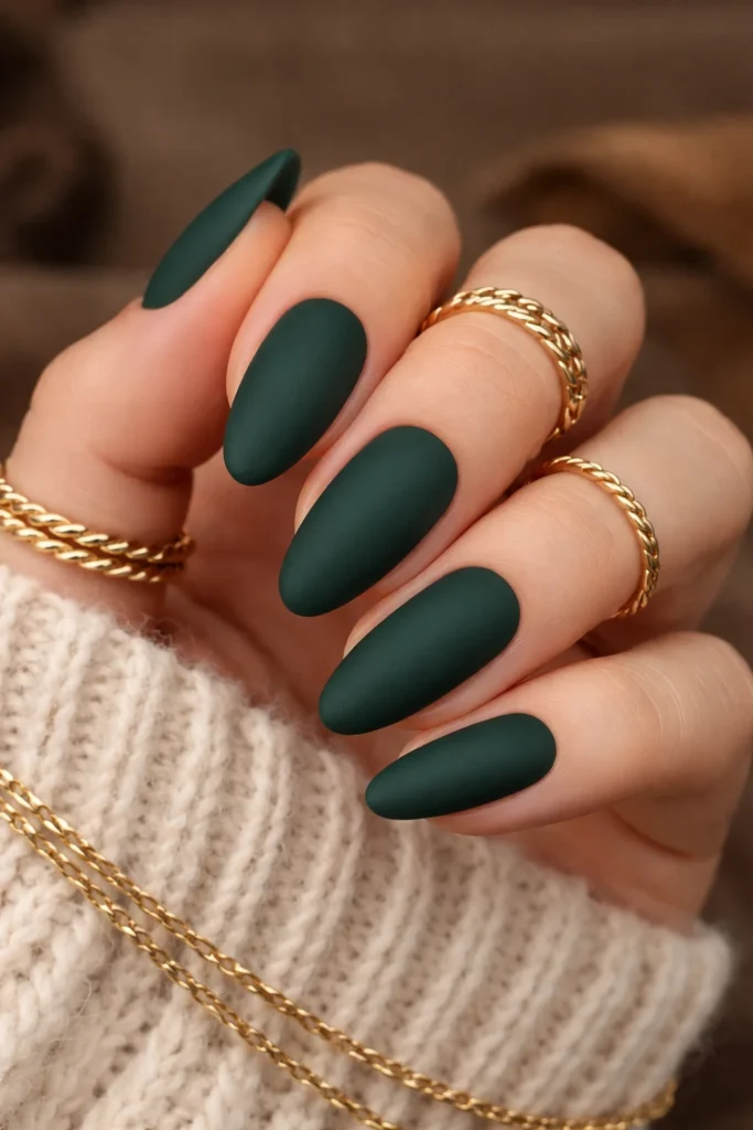 Matte forest green nails deep velvety finish winter season