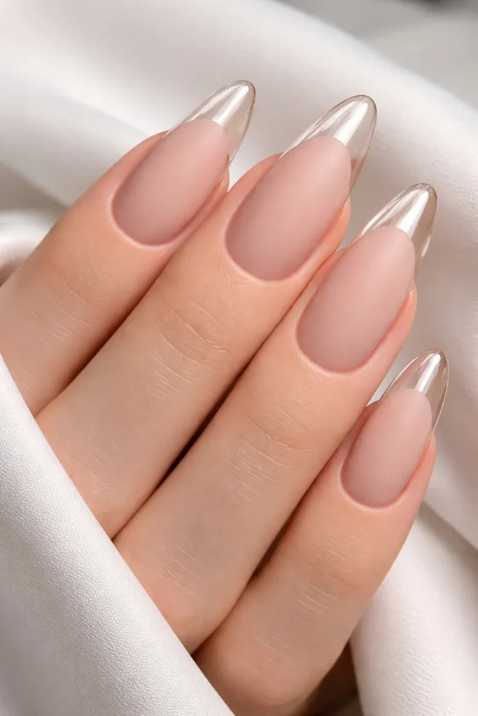 Matte nude prom nails with contrasting glossy tips finish 
