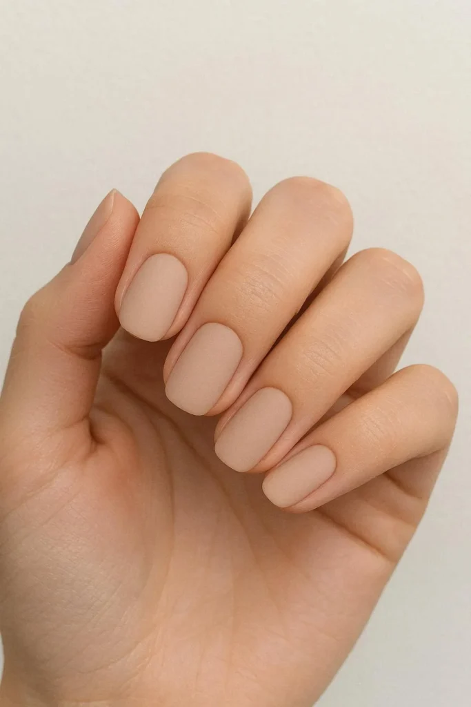 Matte nude nails with a velvety smooth modern finish