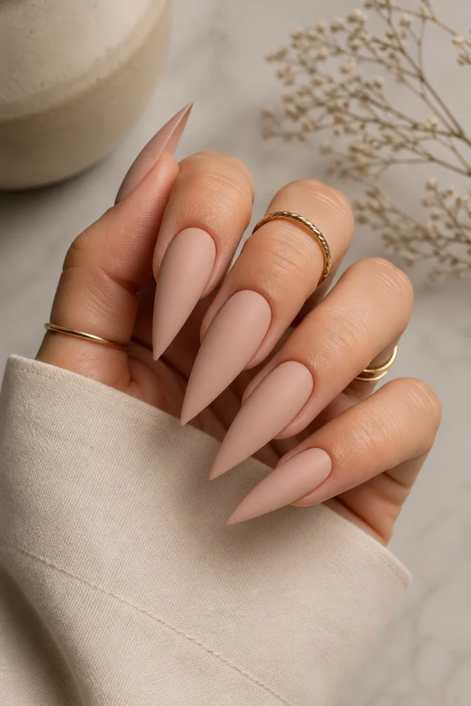 : Matte nude stiletto nails with velvety soft finish