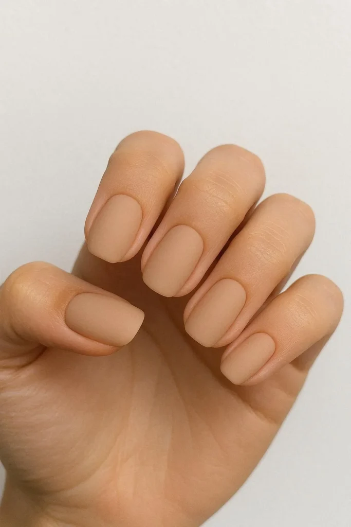 Matte nude nails with a smooth velvety refined finish