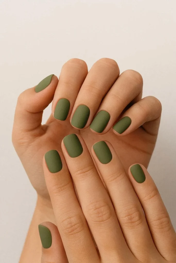 Smooth matte olive green nails with a soft suede finish