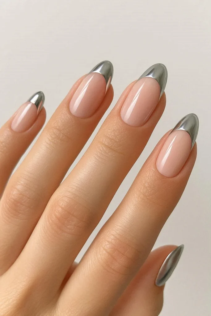 metallic tips nails with shiny chrome french tips over nude base