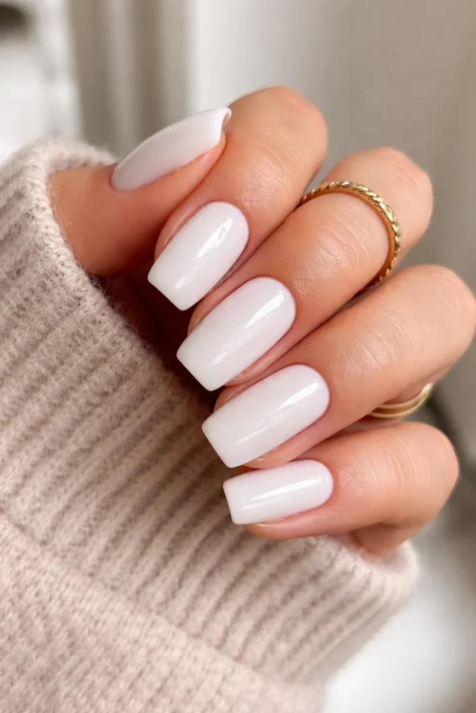 Milky white glossy nails for a fresh fall reset