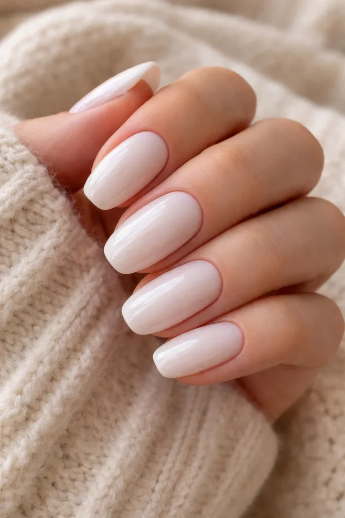 Milky white glossy nails soft dreamy finish winter nail trend
