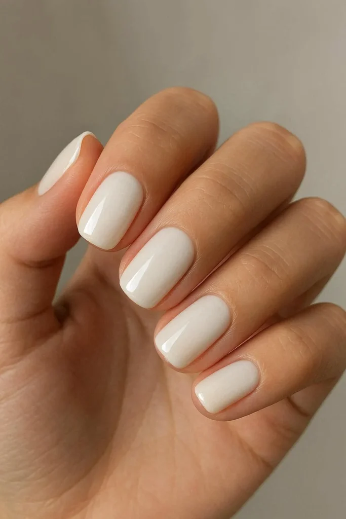  Milky white nails with a soft glossy finish 