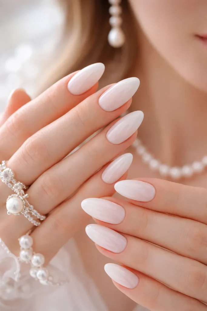Milky white prom nails with clean glossy finish 