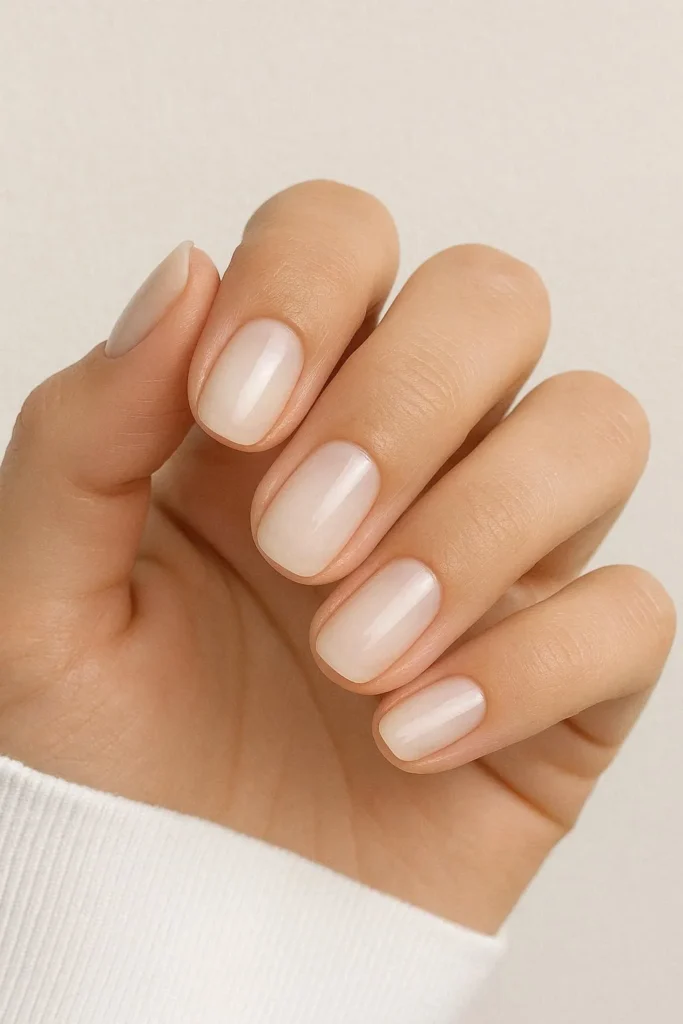 Milky white Virgo nails with a soft creamy finish