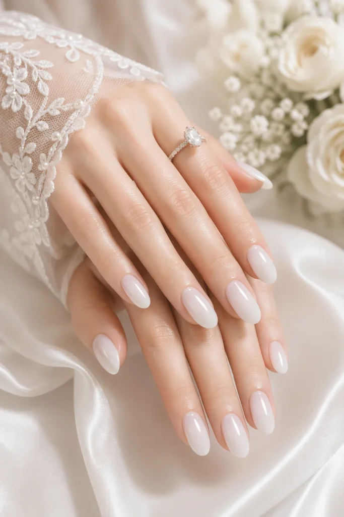 Glossy milky white wedding nails with soft sheen finish