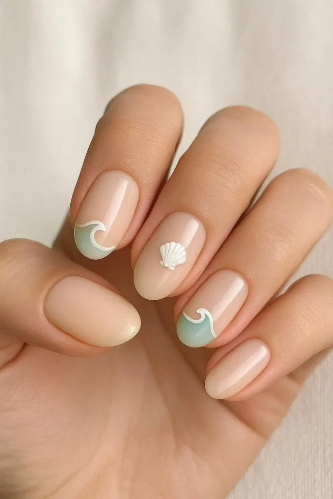 Minimal beach nail ideas with tiny wave and shell accent details