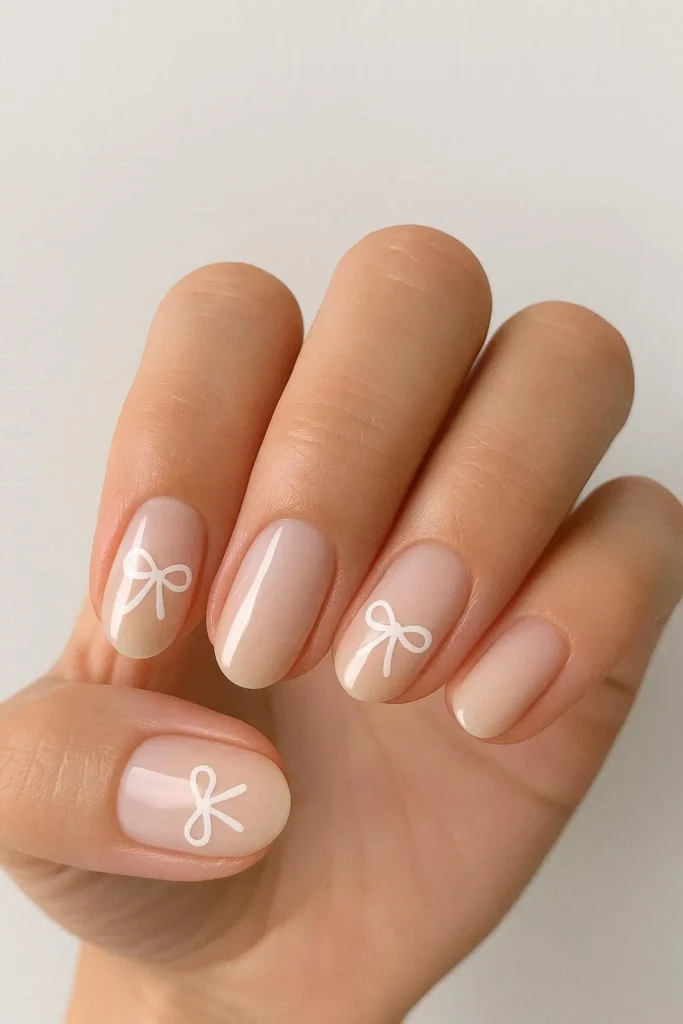 Cute minimal bow nail designs with delicate ribbon art on nude base