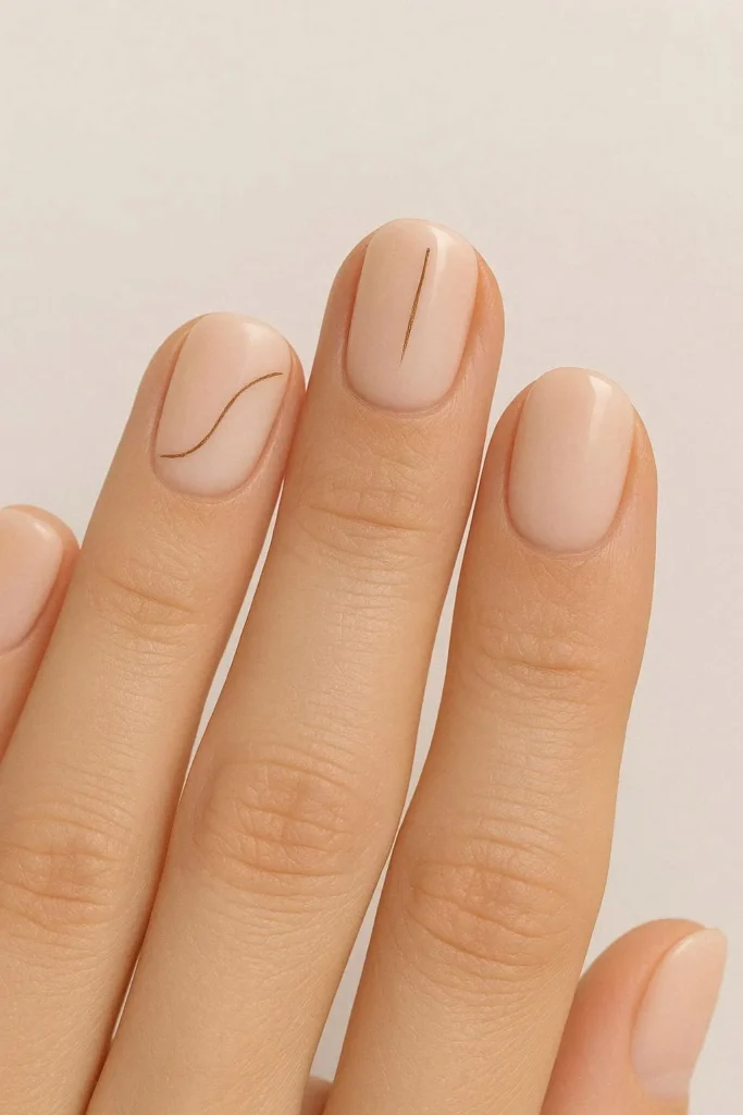 Minimal earthy line art nails with fine brown lines on a nude base
