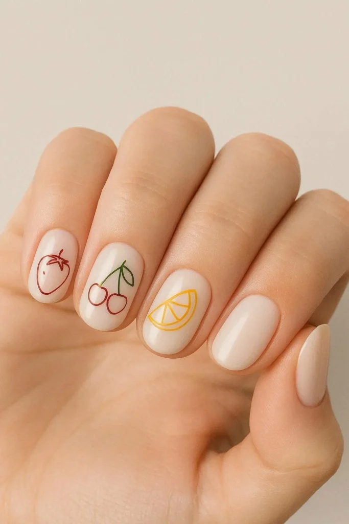 Minimalist nude nails with simple fruit outline line art details