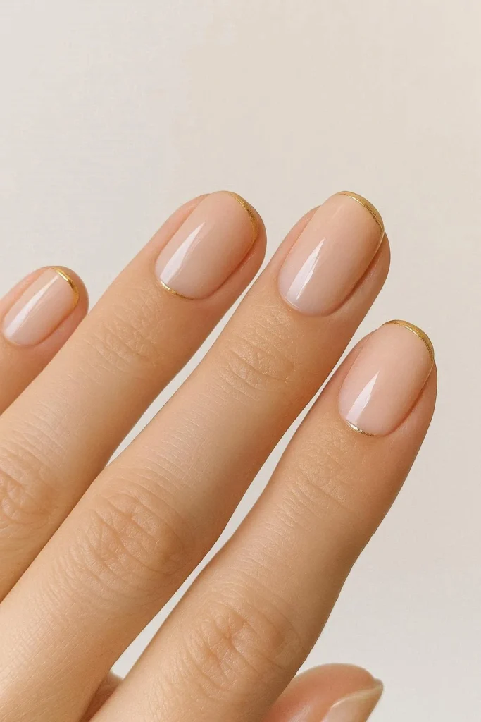 Minimal gold line nails on a clean soft nude base
