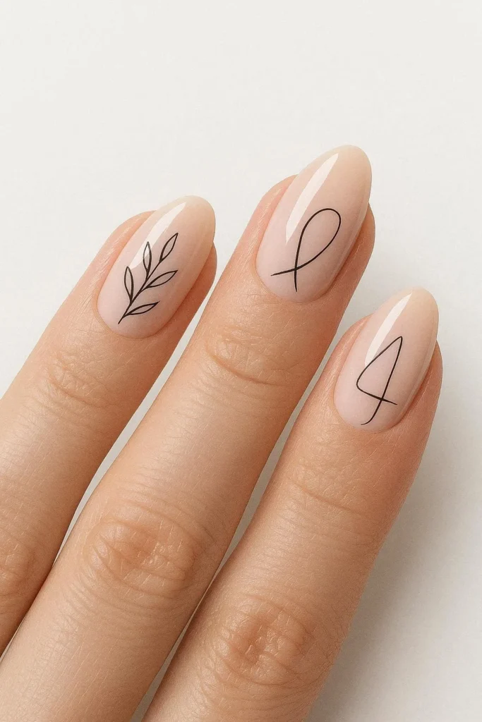 Minimal line art school nails with thin abstract lines on a nude base 
