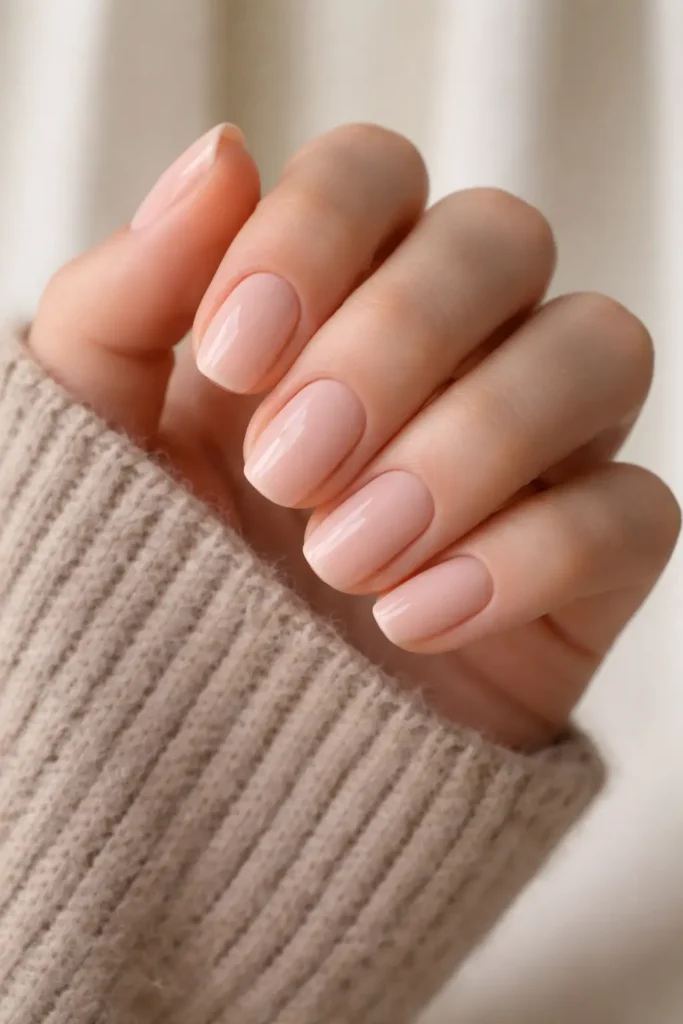 Minimal nude school nails in soft beige and latte tones 