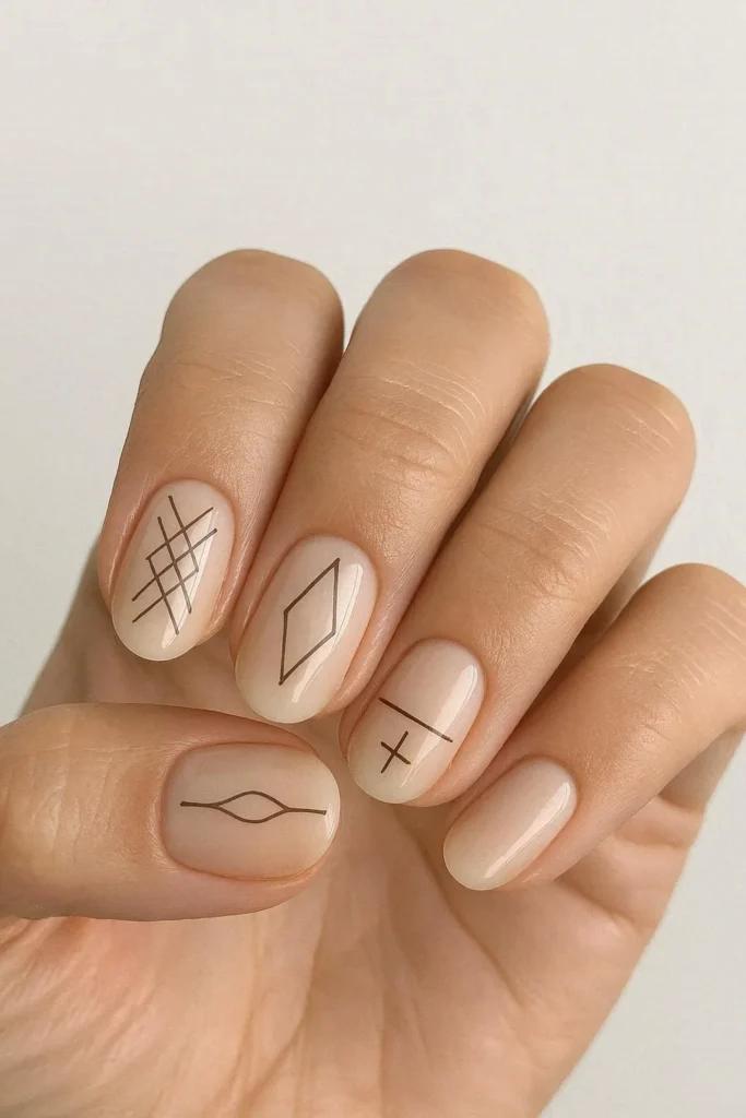 Minimal western line art nails with thin geometric lines on nude base 