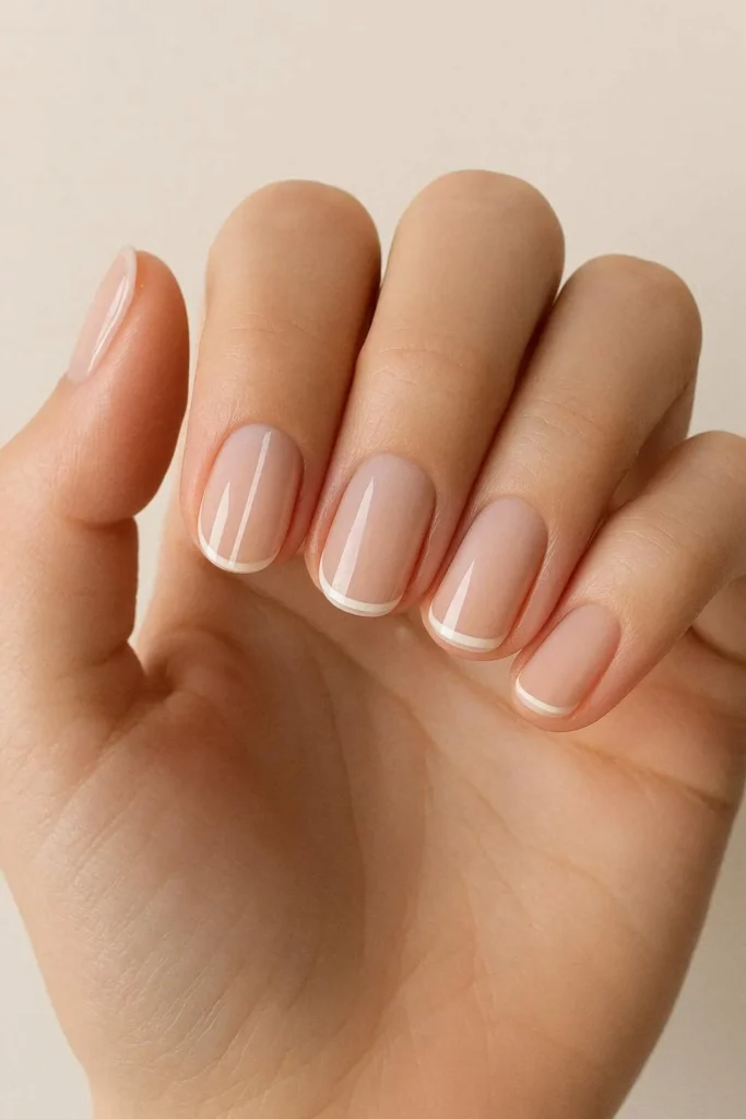 Minimal white line nails on a soft nude base