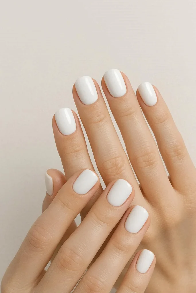 Minimal white school nails with a clean glossy white polish finish