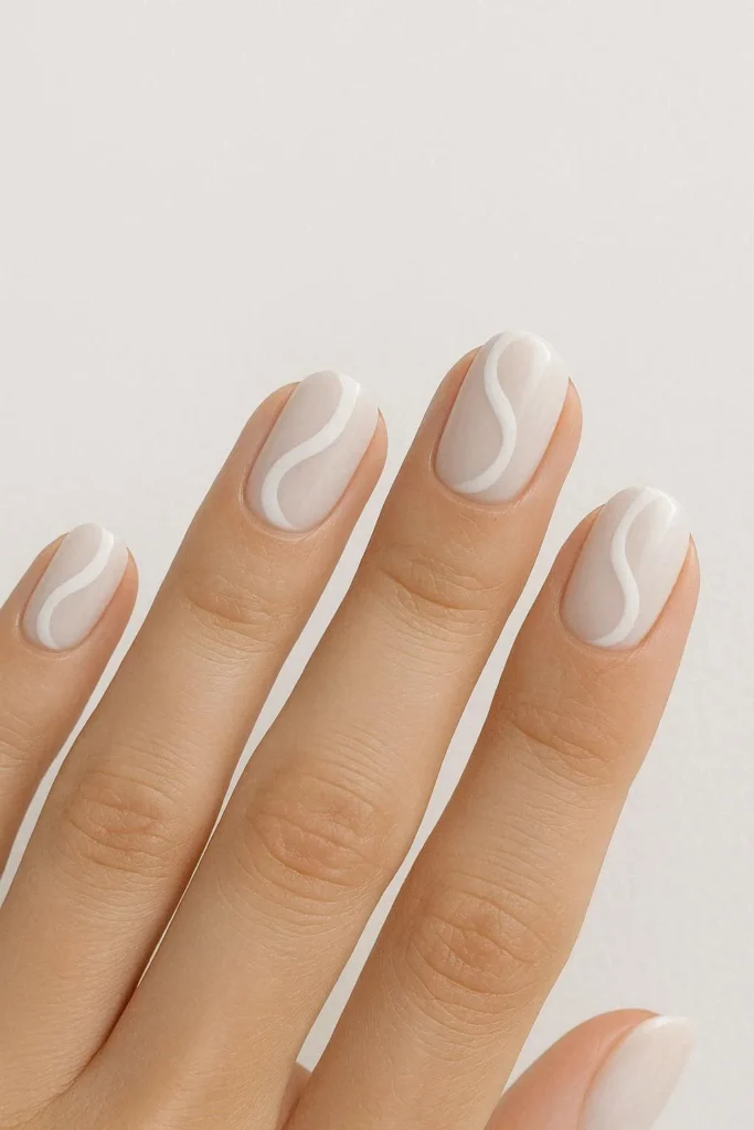 Minimalist white swirl nail art design on a clean base 