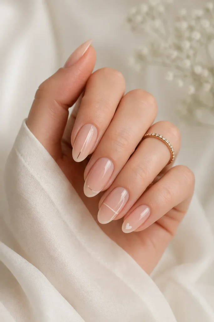 Clean minimalist wedding nails with simple line art detail