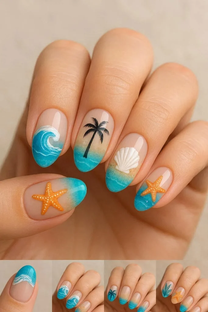 Mixed beach design nail ideas with wave shell palm tree starfish accents