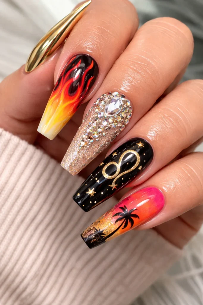 Mixed design Leo nails featuring chrome flames rhinestones and zodiac art
