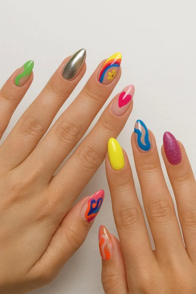 mixed design statement nails with different bold nail art on every finger