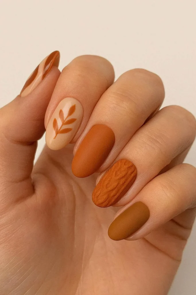 Mixed autumn nail designs each finger a different fall pattern